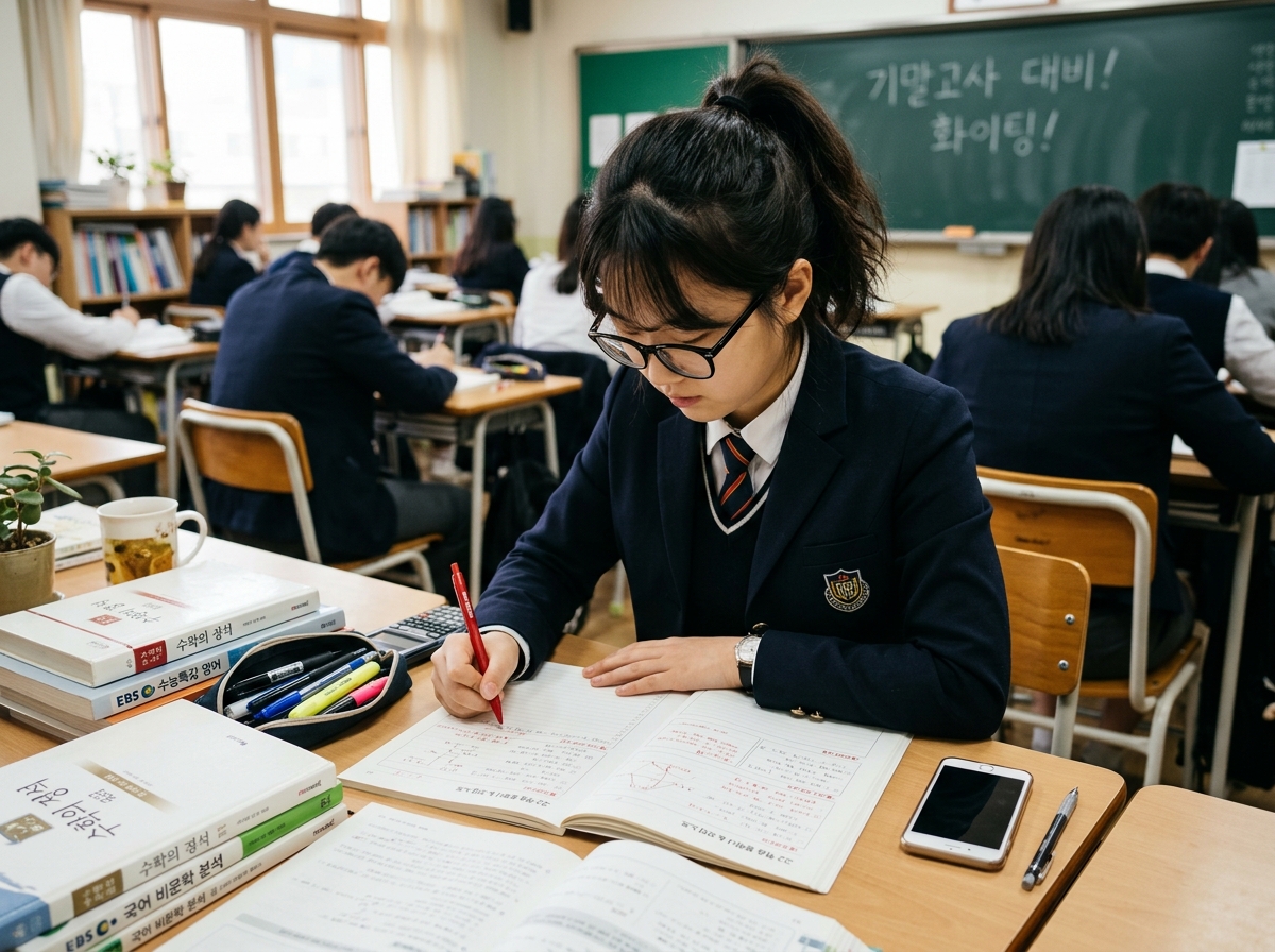 오답 노트를 분석하며 학습 점검하는 학생