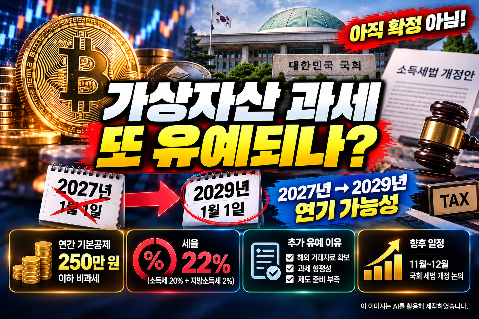 2026년 10월 정부의 가상자산 과세 추가 유예 검토와 2027년에서 2029년으로 시행일 연기 가능성, 비트코인 세금 22% 및 기본공제 250만 원을 설명하는 이미지
