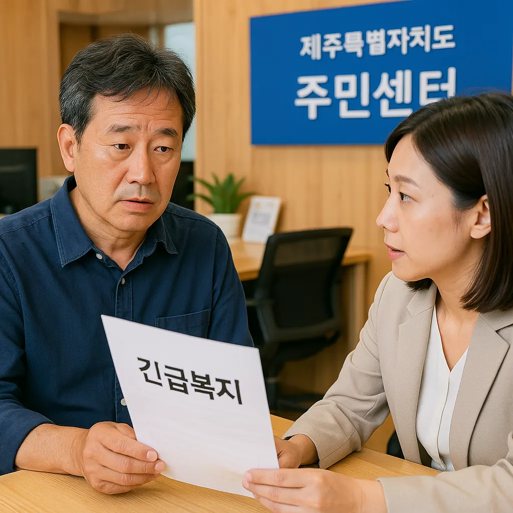 제주특별자치도 주민센터에서 긴급복지 서류 상담을 받는 중년 남성의 실사 사진