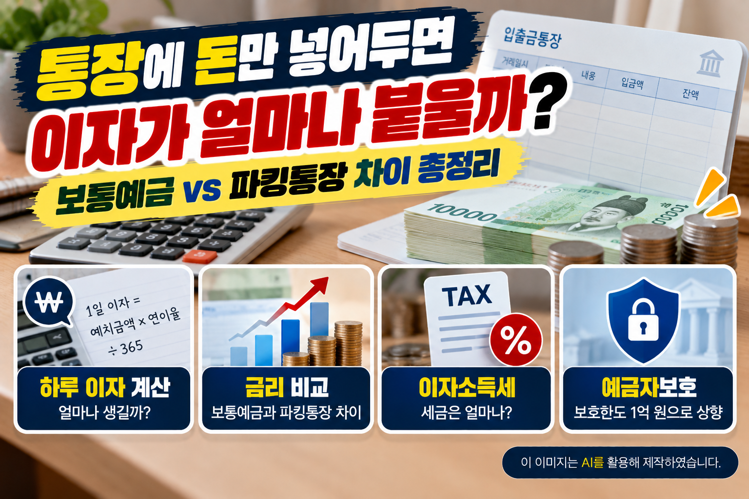 통장과 지폐, 동전, 계산기를 배경으로 보통예금과 파킹통장의 차이를 비교하고, 하루 이자 계산 방법, 금리 비교, 이자소득세 및 예금자보호한도 1억 원을 설명하는 생활금융 안내 이미지