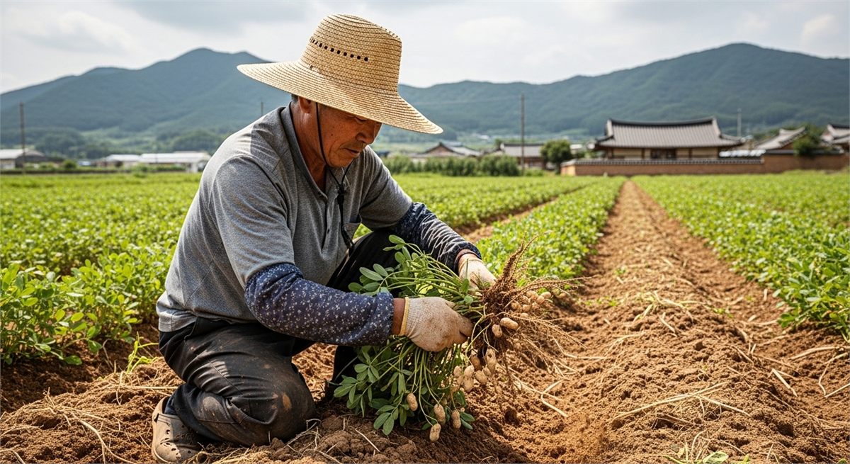 밭에서 땅콩을 직접 수확하는 한국인 농부의 모습 