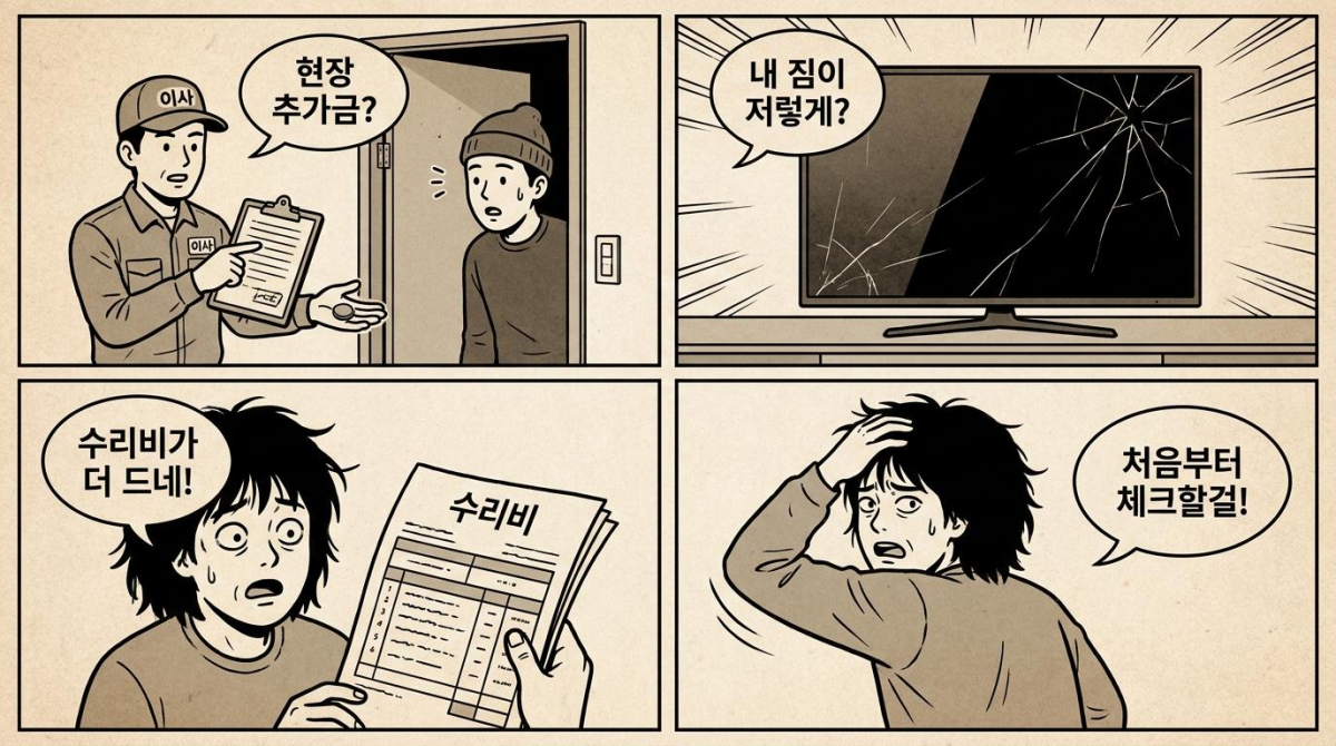 이사 추가금 발생 상황과 파손 위험 비용을 경고하는 4컷 만화
