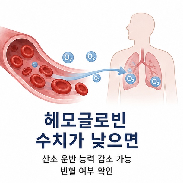 적혈구가 산소를 몸의 여러 조직으로 운반하는 모습을 통해 헤모글로빈 수치가 낮으면 산소 운반 능력이 떨어지고 빈혈 여부를 확인하게 됨을 보여 주는 그림