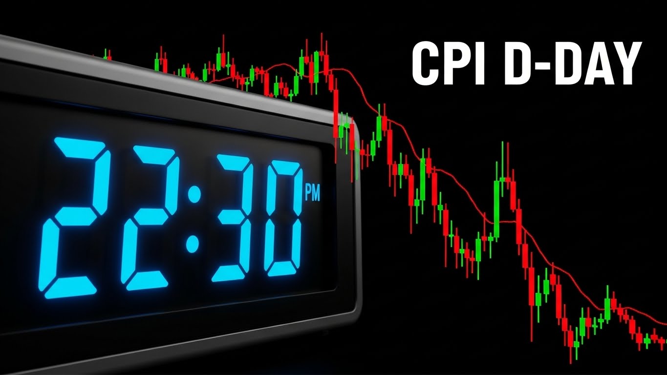 A tense image of a digital clock showing '2230' (or 1030 PM) next to a volatile stock chart line, with 'CPI D-Day' text, Classic Blue theme.