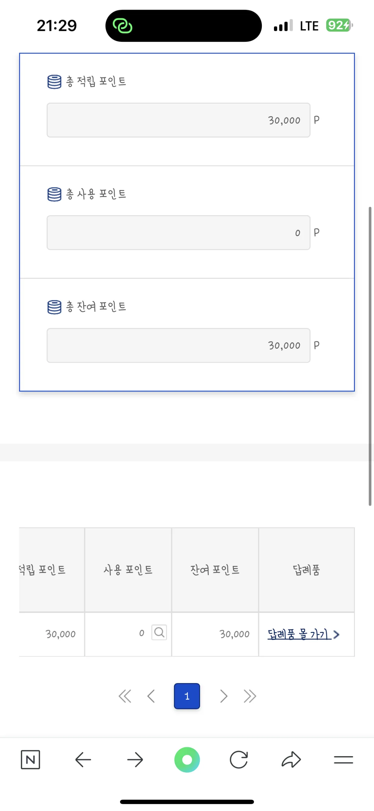 기부포인트 현황 맨 밑 하단의 표