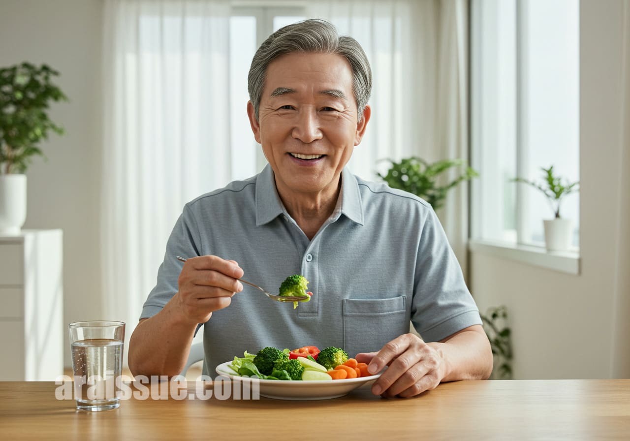 건강한 식습관을 실천하는 한국인 어르신의 모습으로, 틀니 관리와 함께하는 건강한 식사 장면입니다.