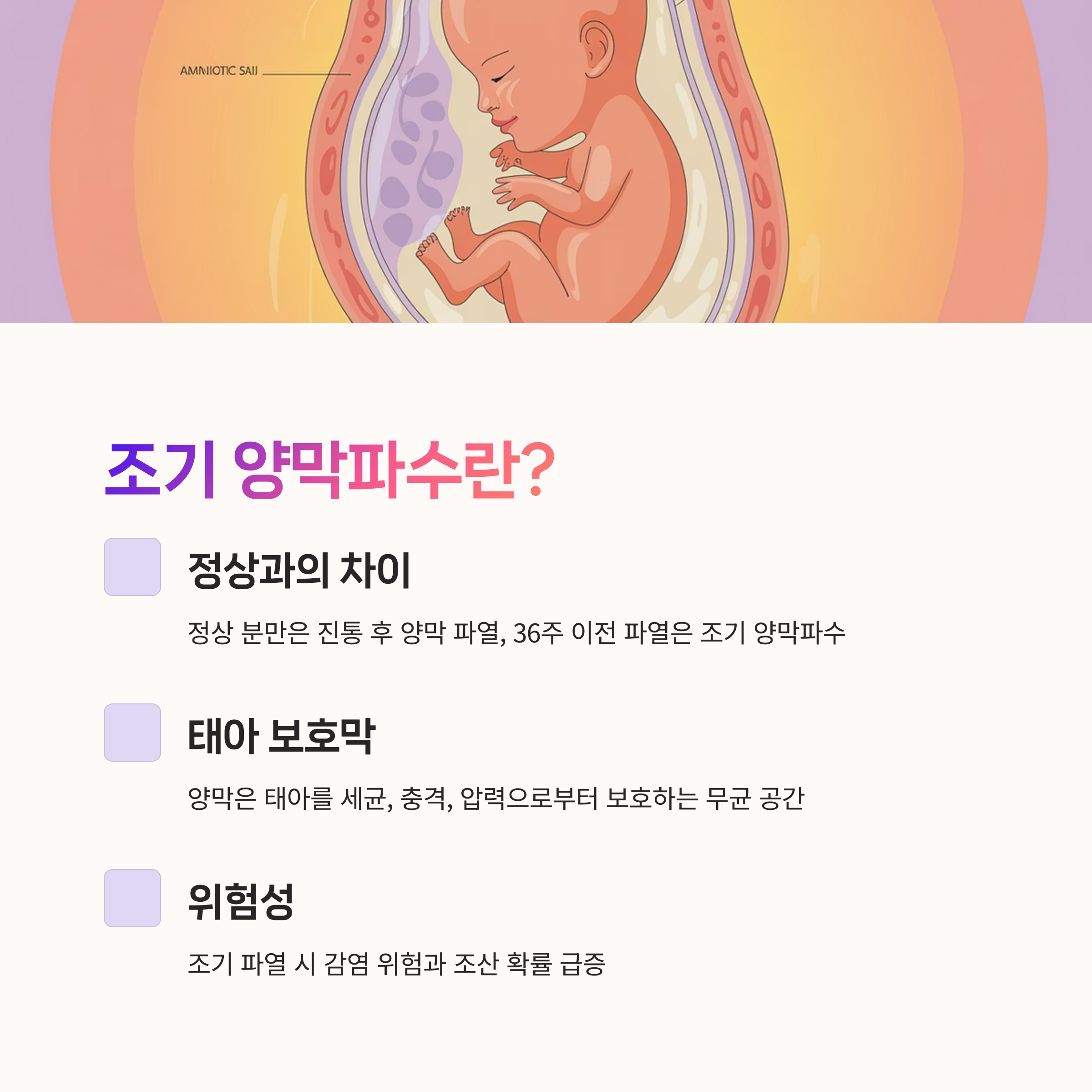 양막 안 태아 일러스트와 함께 조기 양막파수의 정의와 위험성, 태아 보호 기능을 설명하는 인포그래픽