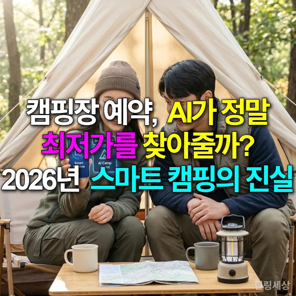 스마트폰으로 AI 캠핑장 예약 앱을 확인하는 젊은 한국인 커플의 모습