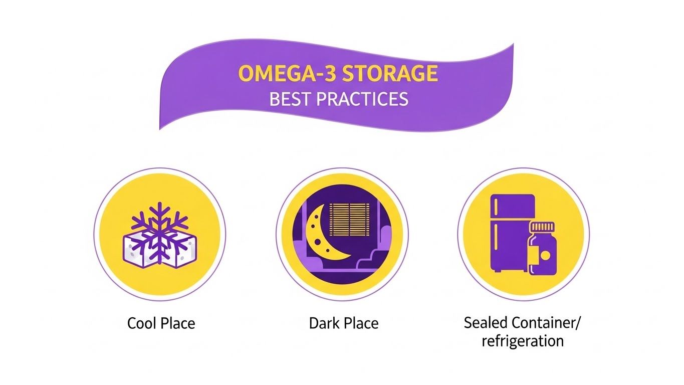 오메가-3 보충제 보관에 대한 모범 사례를 보여주는 스타일화된 일러스트레이션 또는 인포그래픽입니다.
