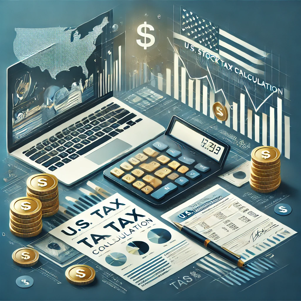 미국 주식 세금 계산 인포그래픽 – 세금 계산기, 주식 시장 차트, 세금 문서 및 재무 데이터가 표시된 노트북이 포함된 이미지