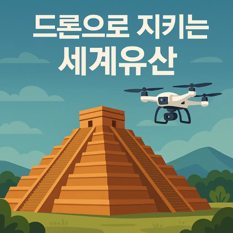 드론이 고대 유적 위를 비행하며 세계유산을 감시하는 모습의 일러스트 썸네일