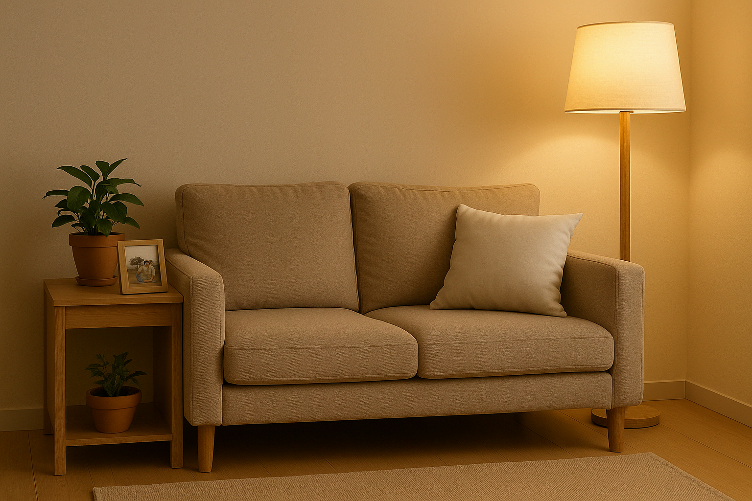 화분과 사진, 따뜻한 조명으로 꾸며진 아늑한 거실