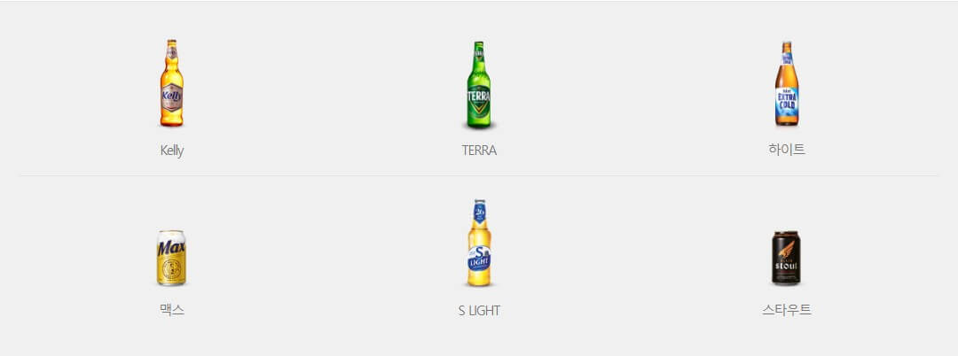 하이트진로 맥주 브랜드인 켈리, 테라, 하이트, 맥스, 에스라이트, 스타우트
