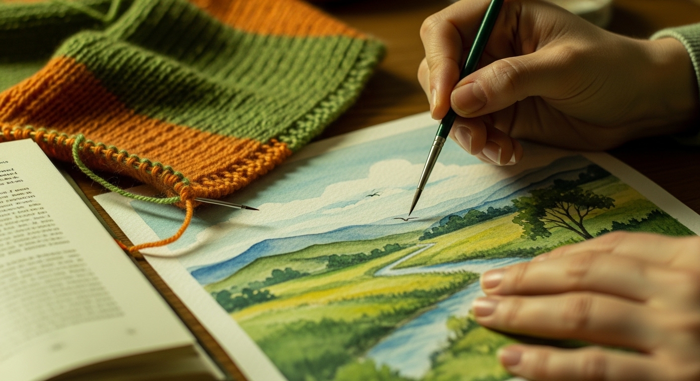 붓으로 수채화를 그리는 손, 옆에는 뜨개질과 책이 놓여 아날로그 취미 활동에 몰두하는 모습을 보여줍니다.