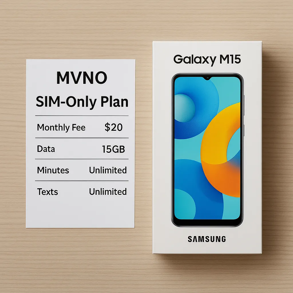 갤럭시 M15 박스와 알뜰폰 요금제 안내서가 나란히 놓인 장면
