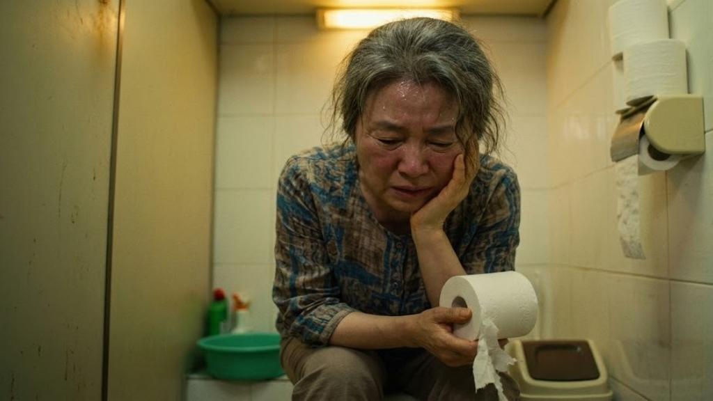 설사복통으로얼굴에땀흘리며화장실변기앉아있는모습
