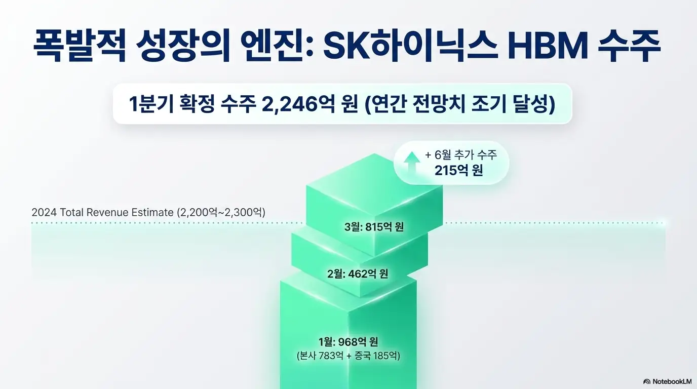 브이엠 주가 전망: 브이엠 폭발적 성장의 엔진인 SK하이닉스 HBM 수주를 정리한 그래픽. 1월 968억 원&amp;#44; 2월 462억 원&amp;#44; 3월 815억 원에 6월 추가 215억 원을 더해 1분기 확정 수주 2&amp;#44;246억 원으로 연간 전망치를 조기 달성한 흐름을 누적 막대로 시각화해 브이엠 주가 상승 동력을 설명함. 