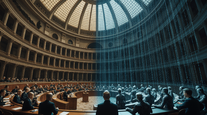 AI 홀로그램과 인간 대의원들이 스트리밍 데이터 돔 아래에서 토론하는 이미지