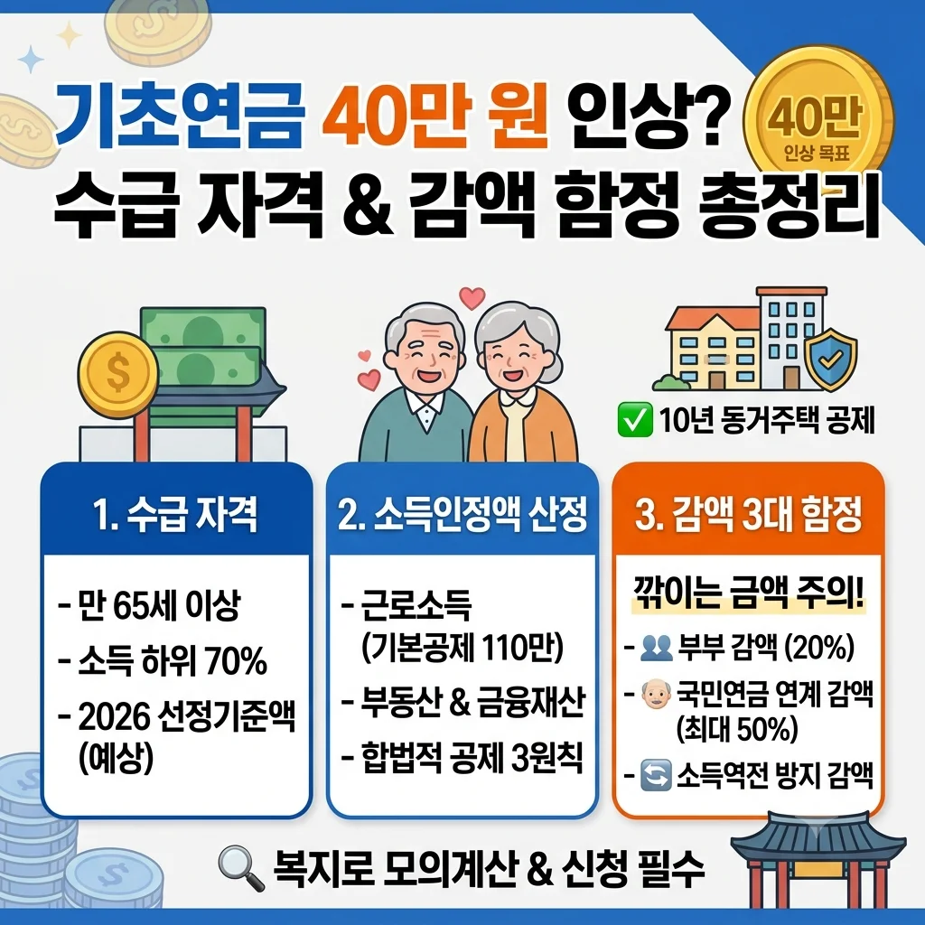 2026 기초연금 40만원 인상 개편안 및 65세 수급 자격 선정기준액 총정리