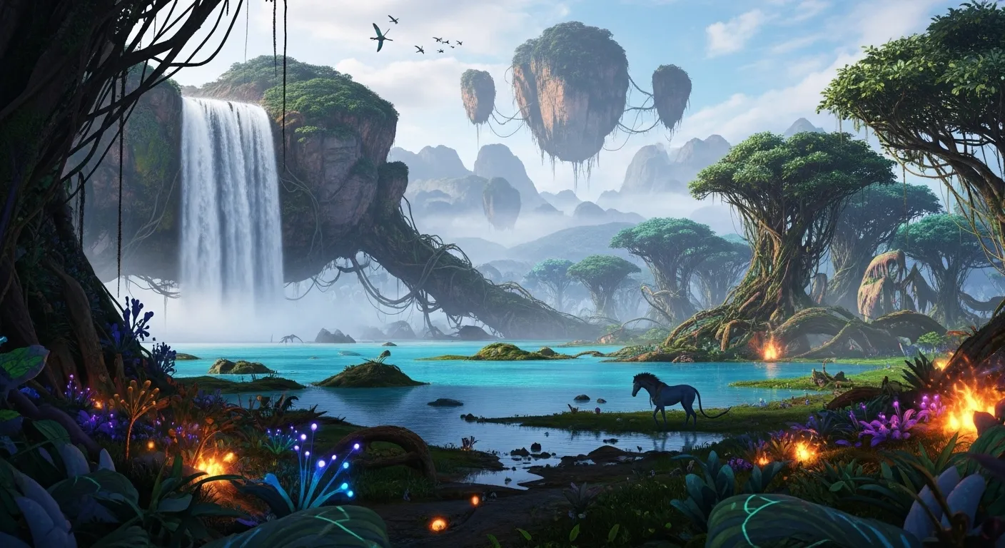 경이로운 판도라 행성의 자연 경관. 신비로운 폭포와 빛나는 호수, 이국적인 식물과 동물들이 조화를 이루며 평화로운 풍경을 선사한다.