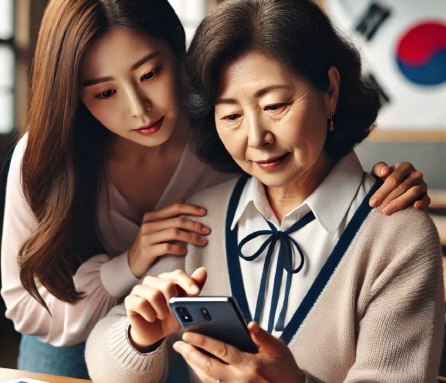 강사가 중년 여성을 대상으로 스마트폰 화면을 함께 보며 설명하는 모습