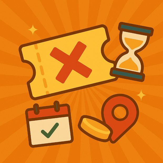 "주황색 라디얼 배경 위 중앙에 빨간색 X표시가 찍힌 쿠폰 일러스트와 만료를 상징하는 모래시계, 달력 아이콘이 배치된 일러스트"