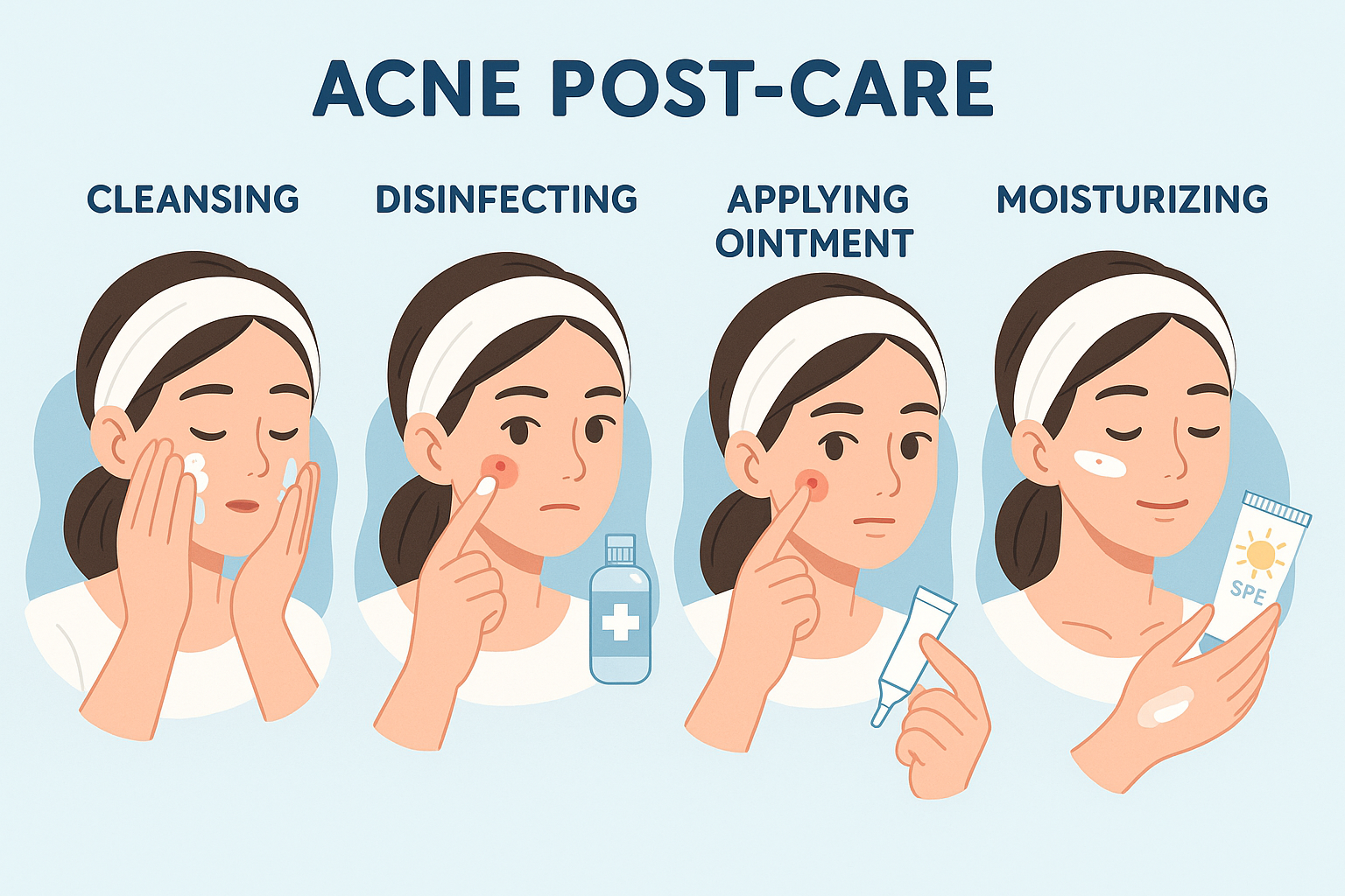 여드름 압출 후 청결 유지, 소독, 항생제 연고 사용, 적절한 시기의 여드름 패치 사용