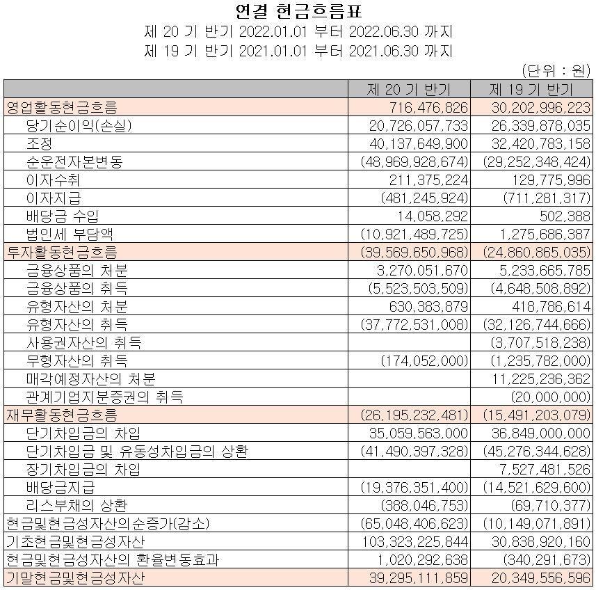 파트론 - 현금흐름표