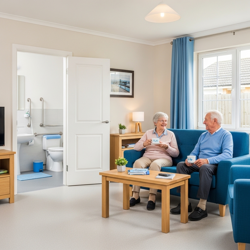 노년층을 위해 안전하게 개조된 밝고 아늑한 거실과 욕실. 미끄럼 방지 바닥과 안전바가 설치되어 있으며, 한 노부부가 편안하게 차를 마시고 있는 모습.