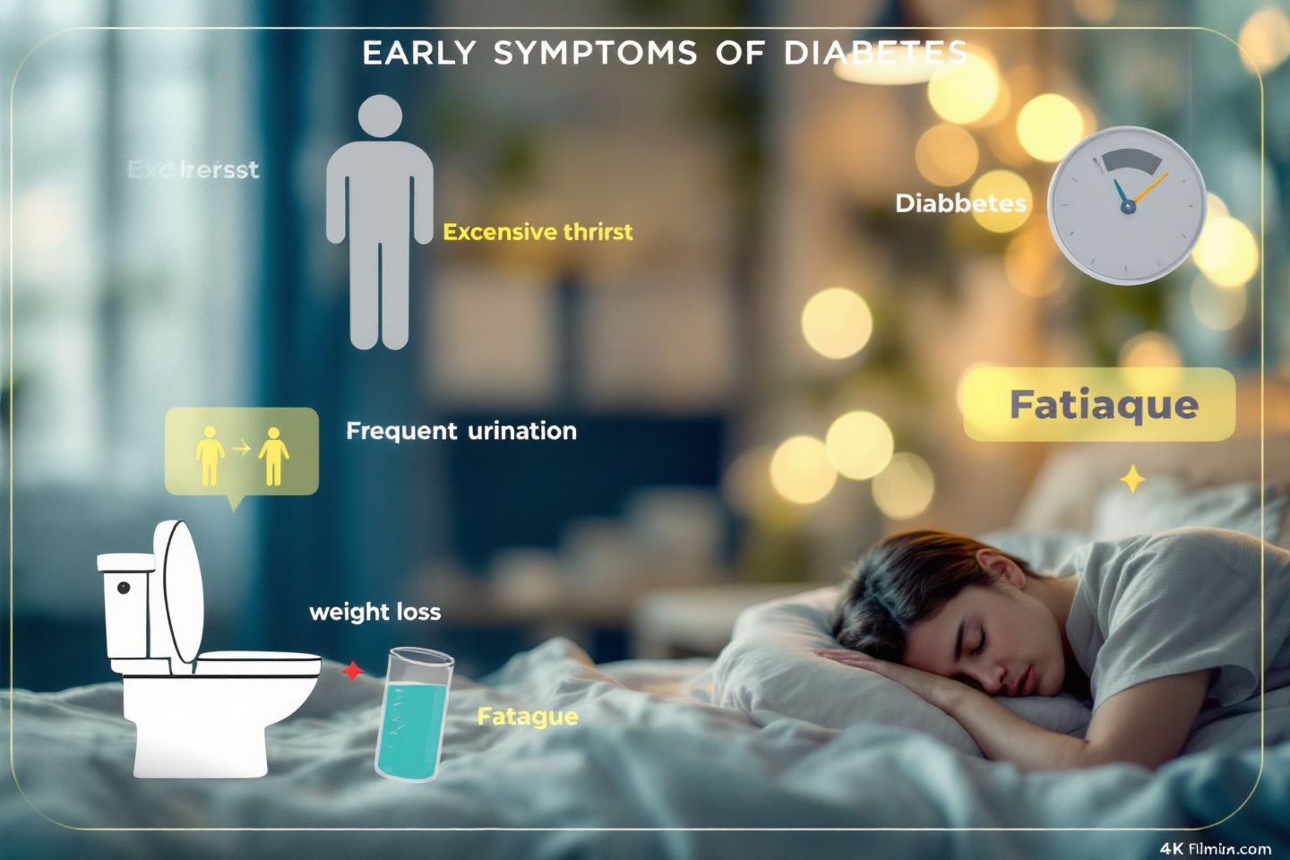 당뇨병 초기 증상을 나타내는 인포그래픽: 주요 증상으로는 과도한 갈증, 잦은 소변, 체중 감소, 피로 등이 포함된 이미지"