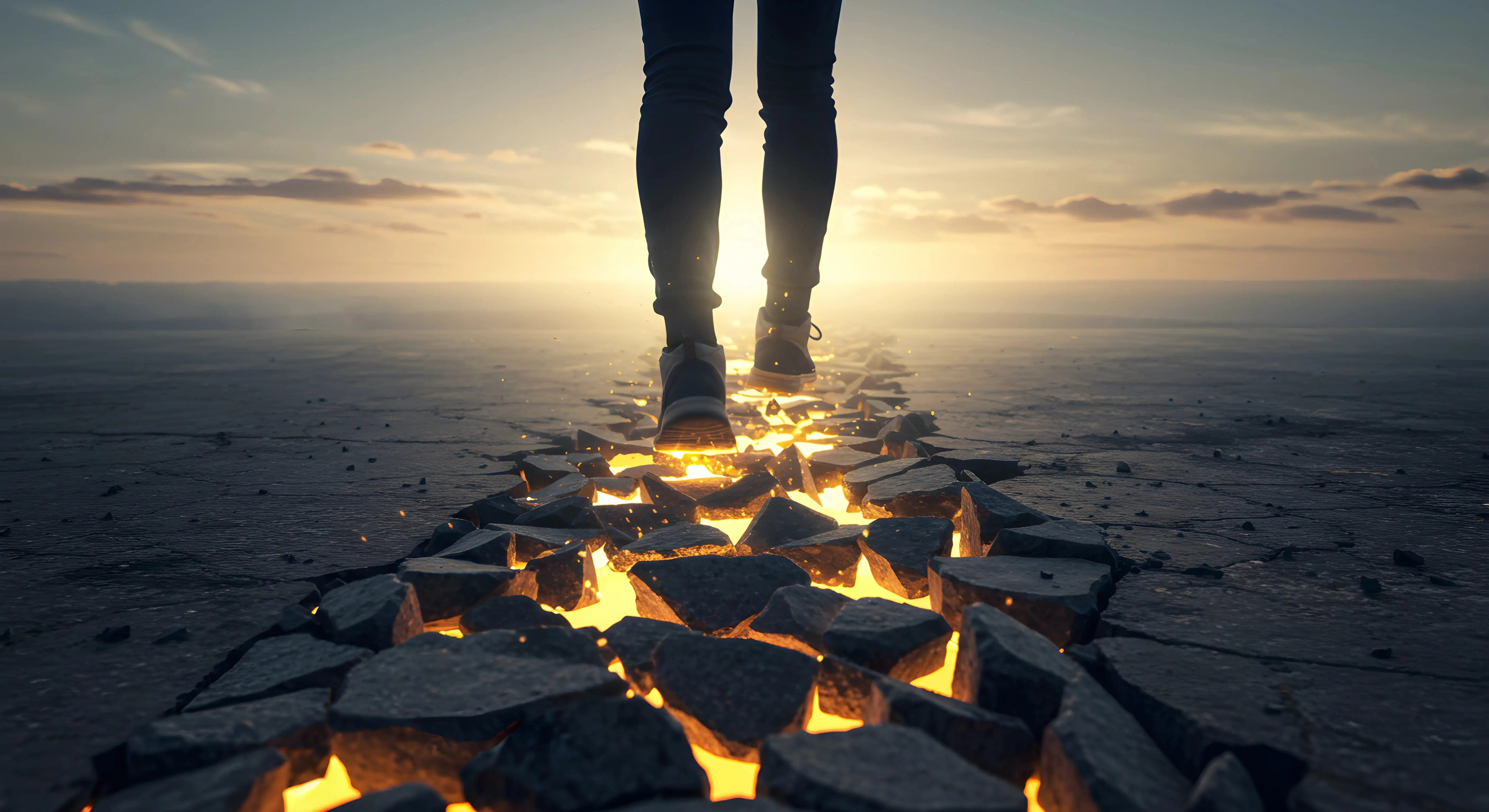 다크 콘크리트 파편 위를 걷는 사람의 실루엣, 발걸음마다 파편 사이로 황금빛 조명이 새어나와 앞으로 나아가는 성장의 여정을 상징하며 지평선의 일출을 향해 걸어가는 모습