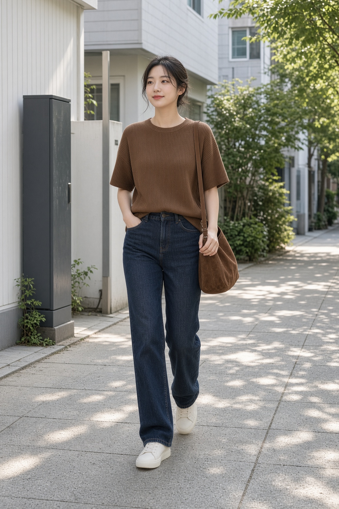 허리는 뜨고 허벅지는 끼는 이유에서 옷의 길이와 실루엣이 신체 비율에 미치는 포인트를 보여주는 이미지입니다.