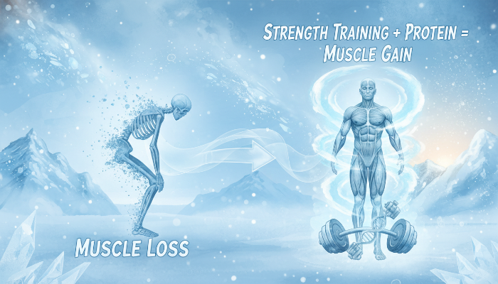 50대 이후 근육량 변화의 중요성을 보여주는 인체 그래픽