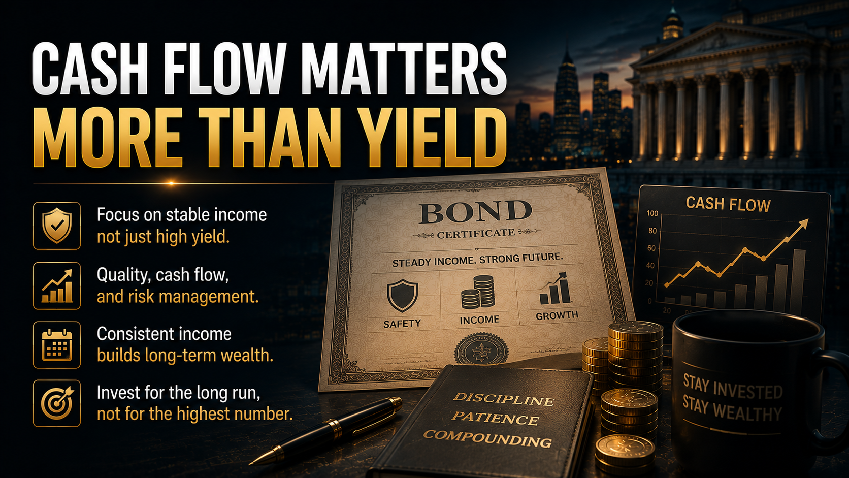 Cinematic investment concept emphasizing sustainable cash flow, disciplined investing, and long-term wealth creation through bonds.