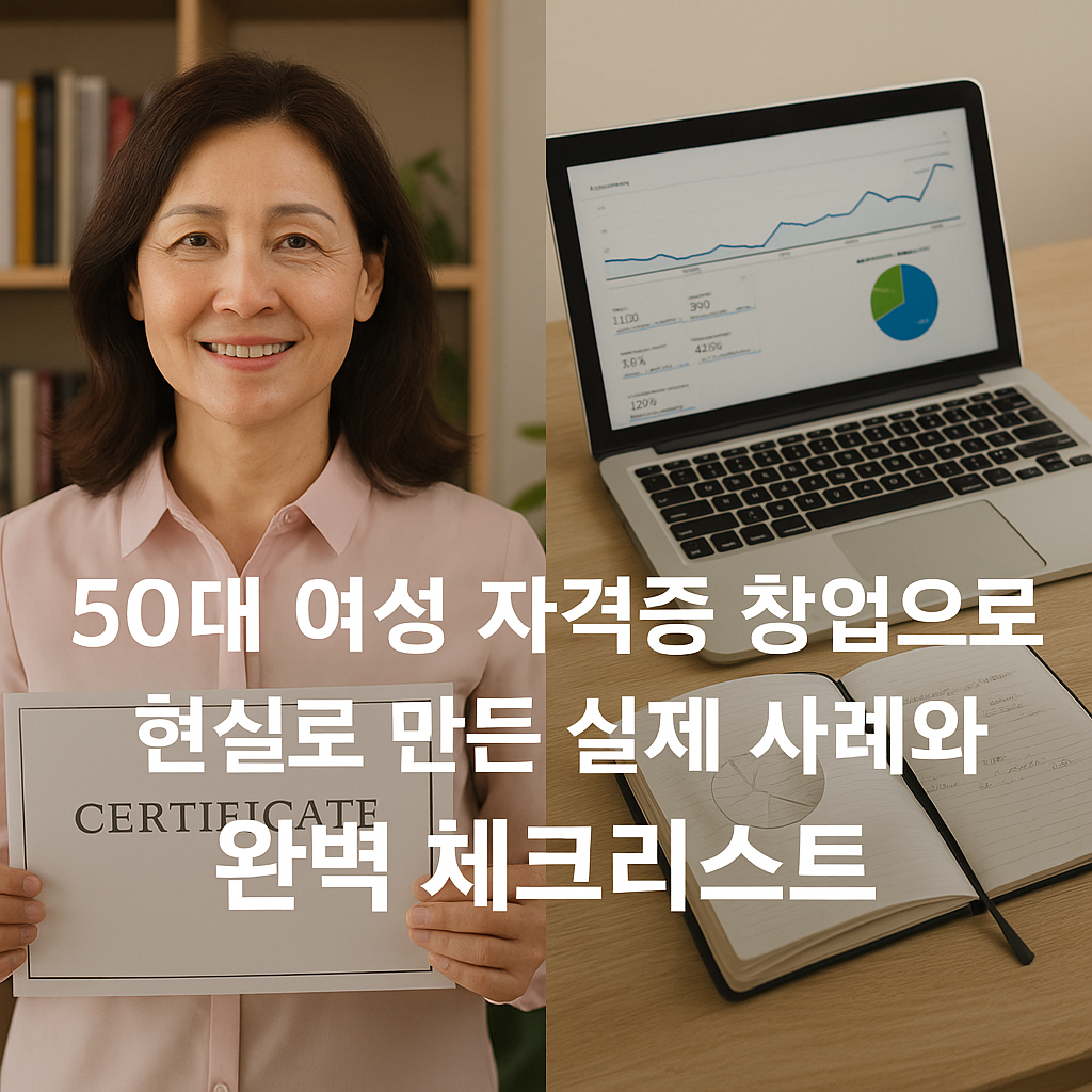50대 여성 자격증 창업&rsquo;이라는 한국어 문구가 겹쳐진 디지털 콜라주 이미지. 여성 창업자들이 자격증과 함께 계획을 세우는 모습을 상징적으로 표현