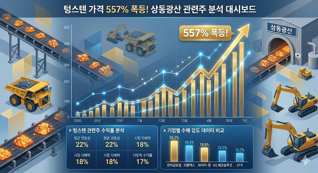 텅스텐 가격 557% 폭등 그래프와 주식 투자 지표를 시각화한 분석 썸네일