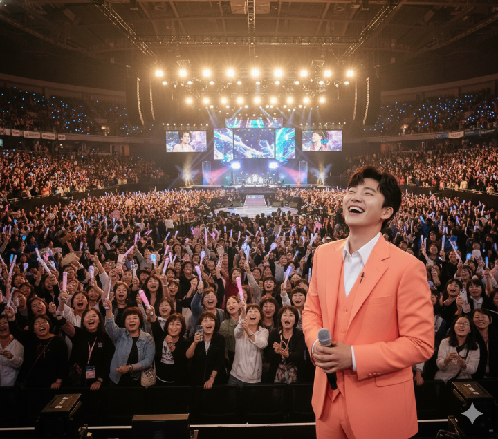 임영웅 님과 팬들이 함께 콘서트장에서 행복하게 웃는 모습