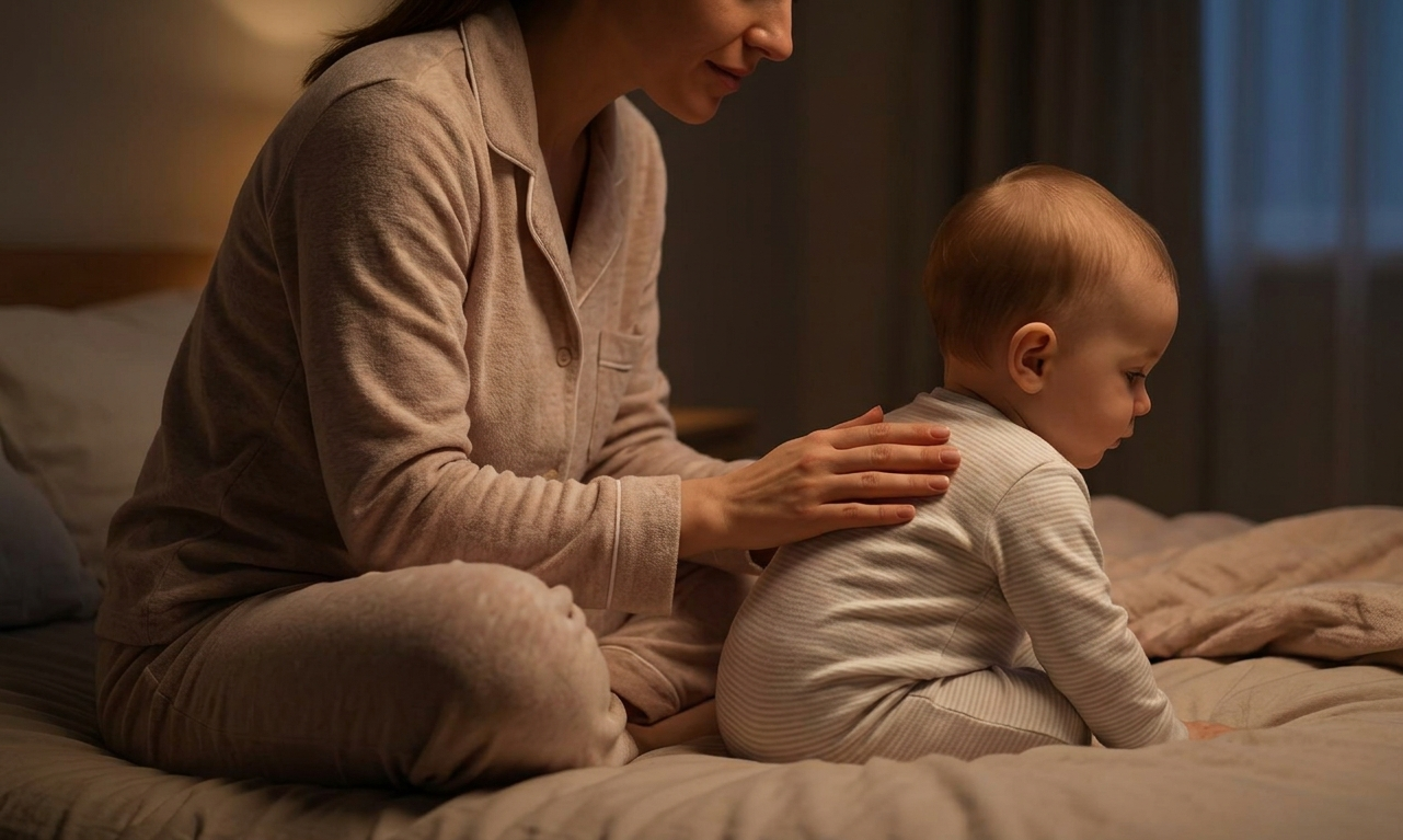 어두운 방에서 아기를 부드럽게 달래는 엄마