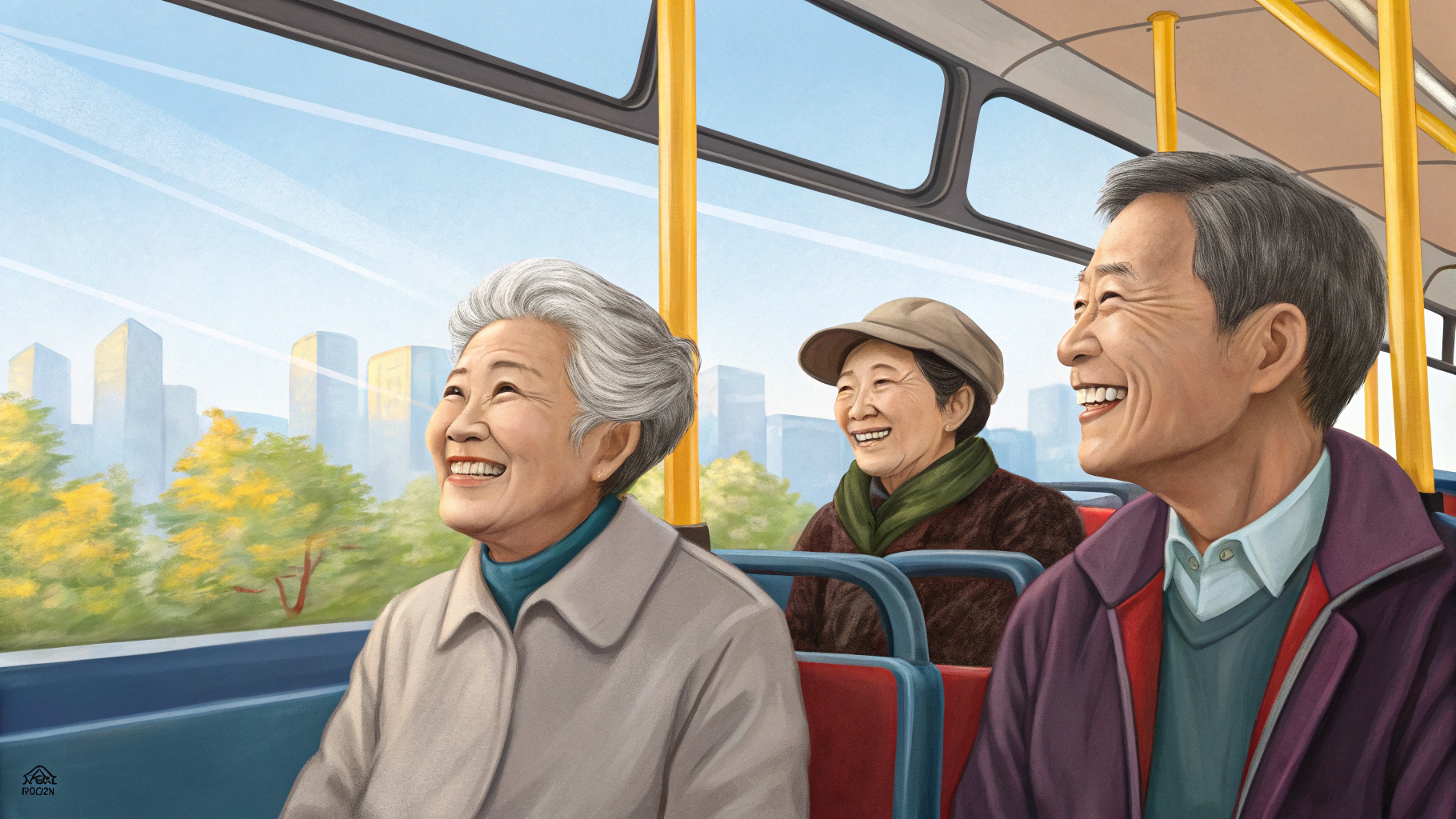 버스안의 어르신 모습을 담은 일러스트 이미지