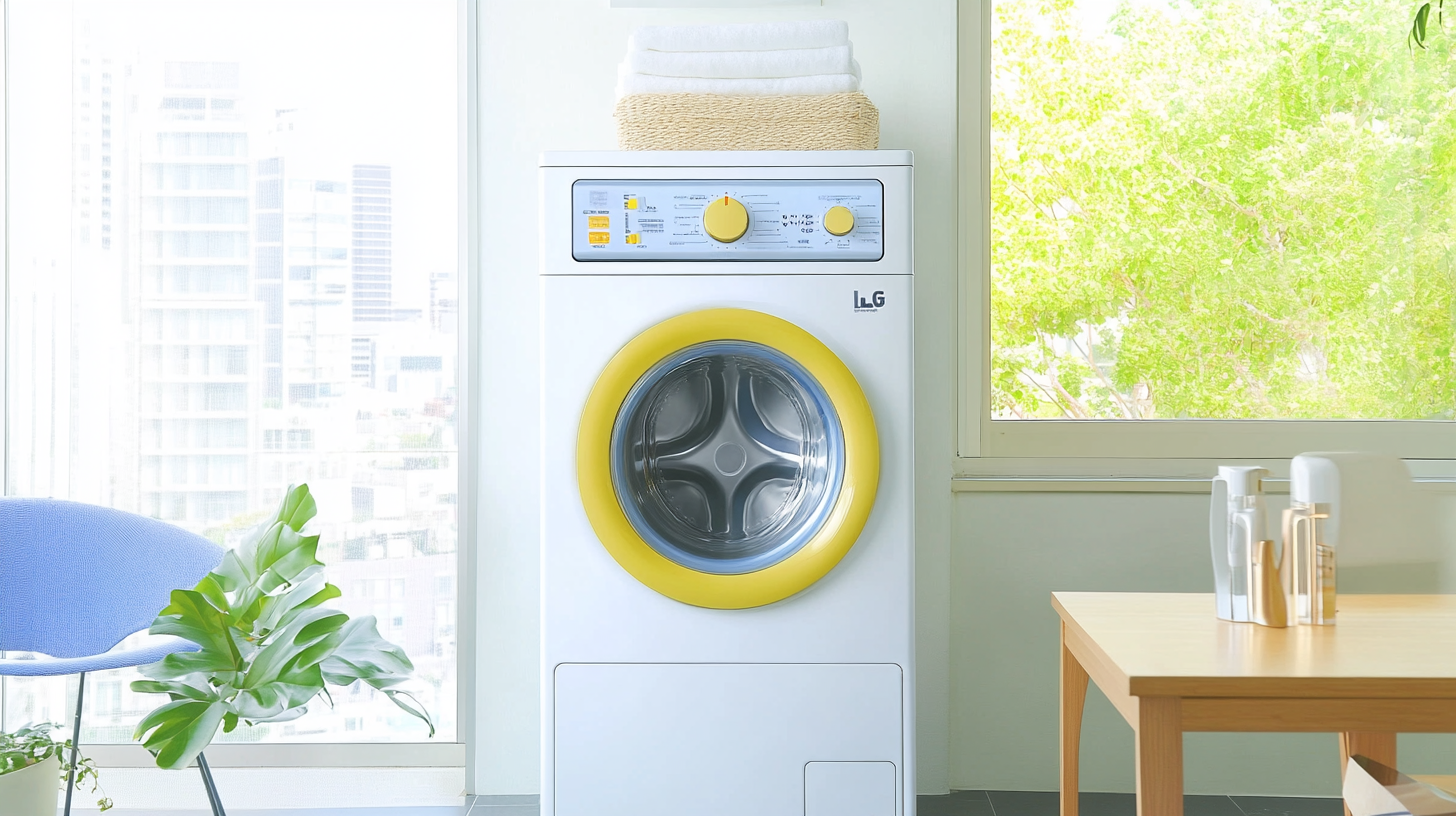 세련되고 현대적인 LG 워시타워가 작은 스타일 있는 도시 아파트 세탁실에 자리잡고 있는 모습. 컴팩트한 공간 절약 디자인과 미래 지향적인 조작 패널을 강조함.