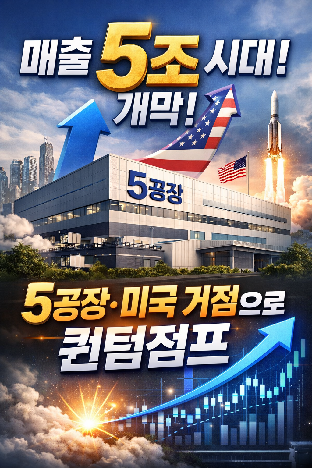 삼성바이오로직스 5공장과 미국 거점 확장을 통해 매출 5조 시대를 상징적으로 표현한 글로벌 CDMO 성장 이미지