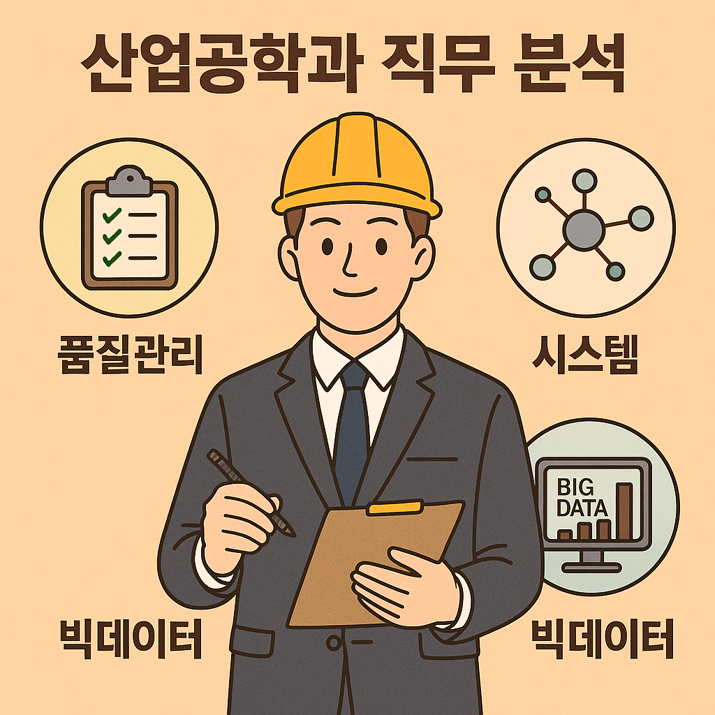 산업공학과 직무 분석 포스터로 품질관리, 시스템, 빅데이터 세 분야를 정장 차림의 남성 공학도와 함께 일러스트로 표현함.]