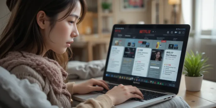 집에서 노트북으로 넷플릭스 요금제를 비교 중인 젊은 여성의 모습