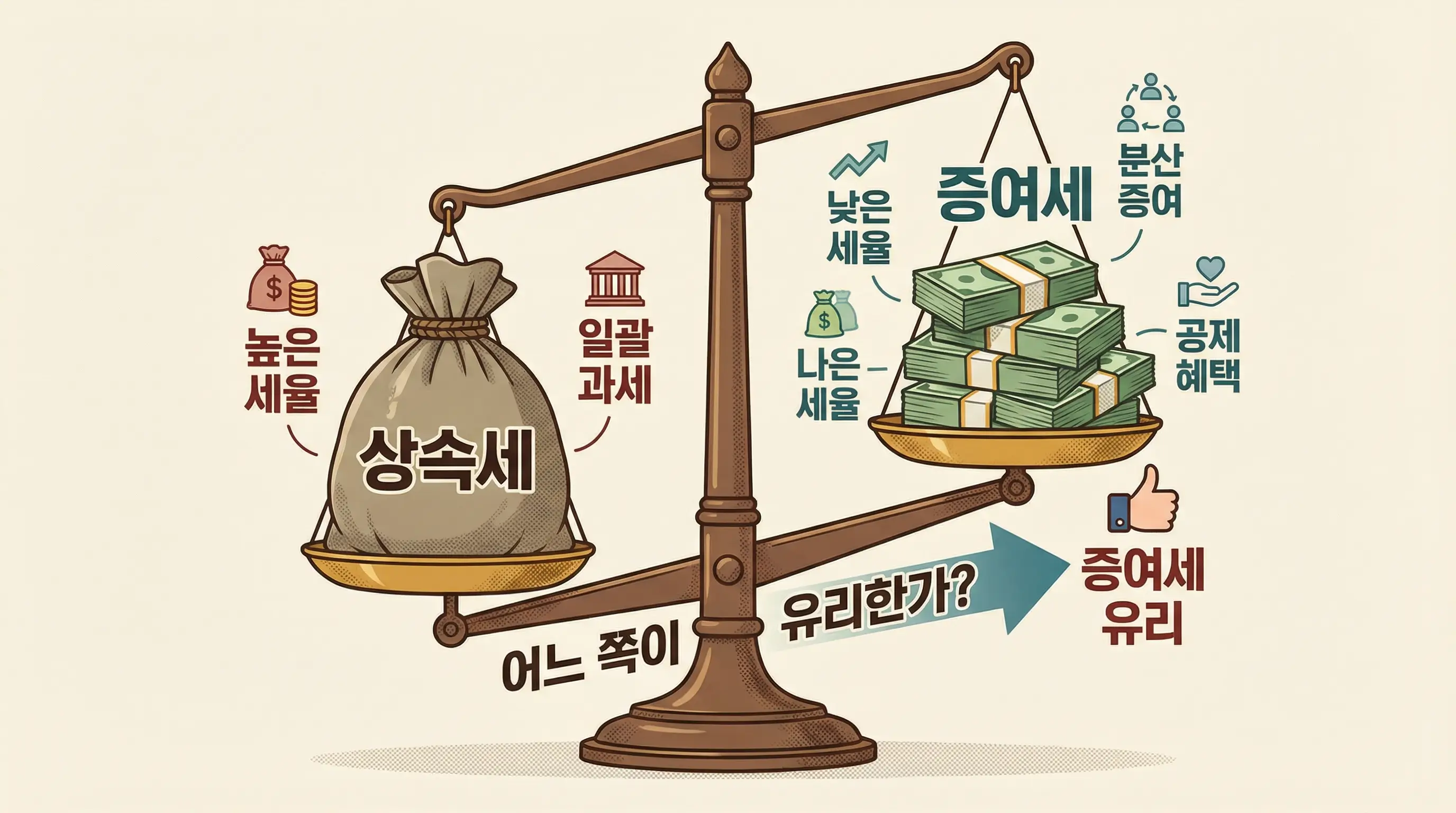 저울 양쪽에 상속세와 증여세 꾸러미를 올려놓고 어느 쪽이 유리한지 비교하는 인포그래픽 이미지