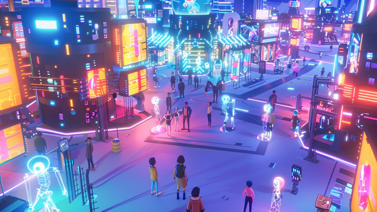 미래형 도시에 인공지능 그래픽 요소가 겹쳐진 일러스트 배경과 사람이 함께 서 있는 모습