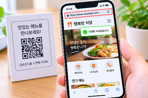 QR코드로 연결된 웹페이지 주소를 확인하는 스마트폰 화면