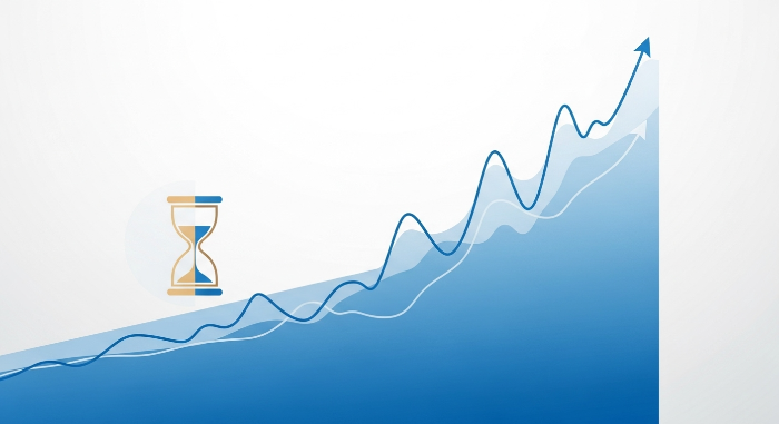 장기적인 우상향 추세를 보이는 투자 그래프. 단기적인 변동성 속에서도 꾸준히 성장하는 모습과 시간의 중요성을 나타냄.