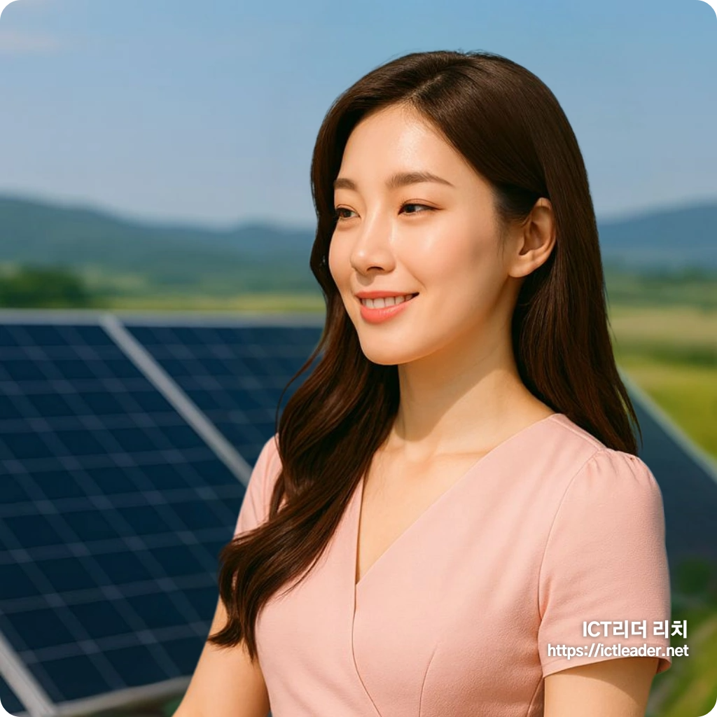 여성스러운 원피스를 입은 20대 여성이 자연광 아래에서 태양광 패널을 바라보는 따뜻한 분위기의 대표 이미지