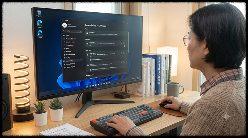 Windows 11 접근성 키보드 설정에서 고정 키를 끄는 모습