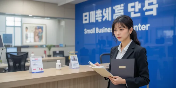 지역 지원센터에서 정책자금 관련 서류를 제출하고 있는 사업가